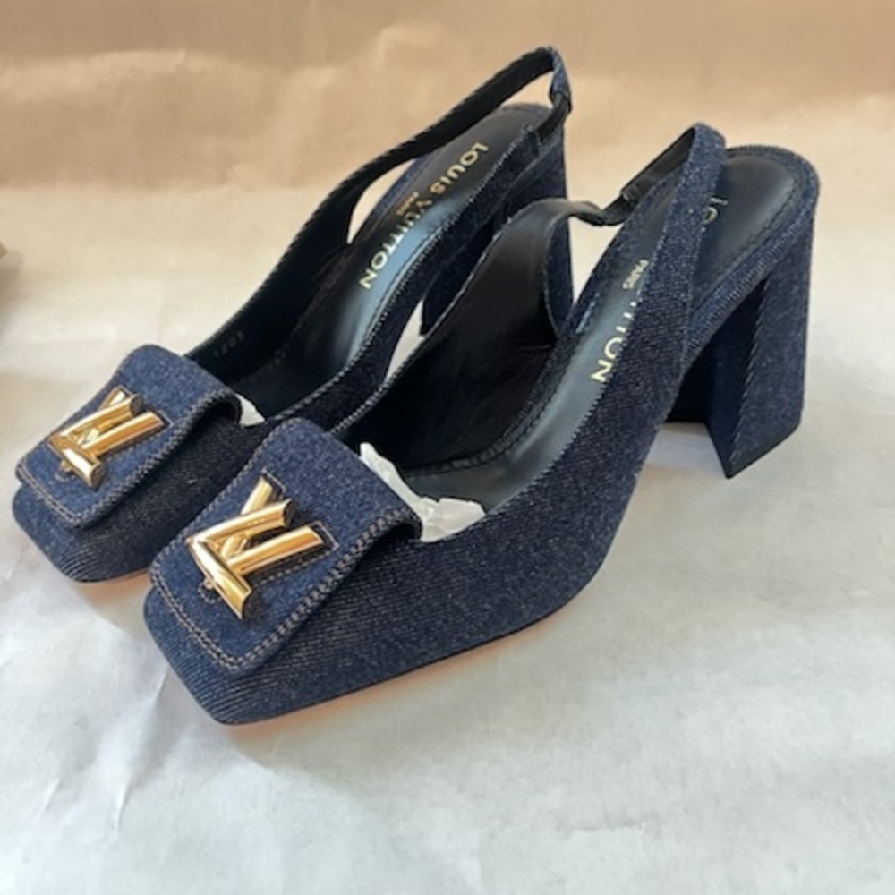 Louis Vuitton Blue and Gold Heels with Chunky Block Heel